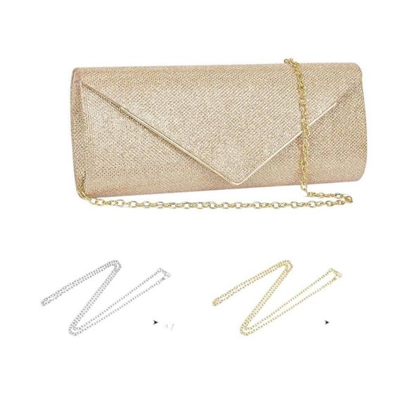 Gold Sparkling Envelope Evening Bag with Detachable Chain Strap 2 Pcs - Picture 4 of 4